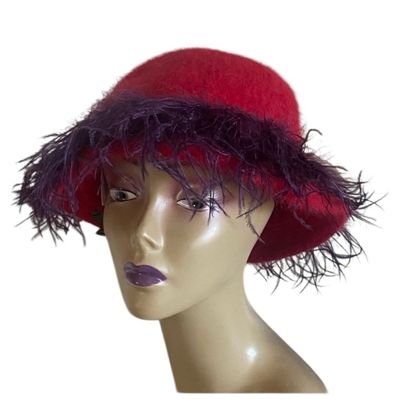 Angora Rabbit Hair Red Hat with Purple Ostrich Plume NWT Pop Of Red Bollywood main image 7